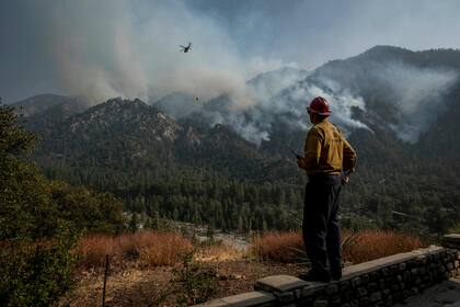 El capitán James Klosek del departamento de bomberos del condado de Santa Bárbara observa las operaciones de helicópteros para apagar las llamas, en El Dorado