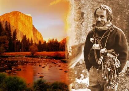 El Capitán, un monolito desafiante (izq) y Chouinard, con equipamiento para escalada en roca, incluidos los excéntricos que crearían para no dañar la roca