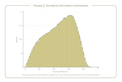 El capítulo dedicado a la Argentina en el informe Agricultural Productivity in Latin America and the Caribbean: What We Know and Where We Are Heading, que actualiza las estimaciones de Productividad Total de los Factores (PTF) del sector agropecuario y analiza sus determinantes, dice que en 2018, la eficiencia técnica promedio se estima en alrededor del 50%, con disparidades significativas entre explotaciones y regiones