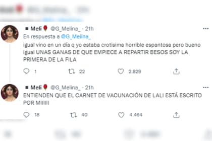 "El carnet de vacunación de Lali está escrito por mí", comentó la joven (Foto: Twitter @G_Melina_)