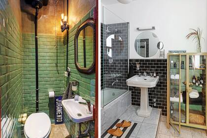 El cartel de calle del toilette es del Mercado de San Telmo y el espejo del Mercado de las Pulgas. Azulejos (Deco Arribeños). En el baño, vitrina (Muebles Cornador). El lavarropas, antes en el toilette, pasó a la cocina.