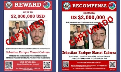 El cartel de recompensa por Sebastián Marset, con el sello de "capturado"