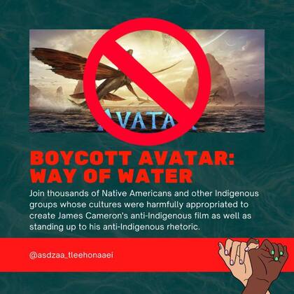 El cartel en el que la activista indígena Yue Begay insta a no ver Avatar, la forma del agua