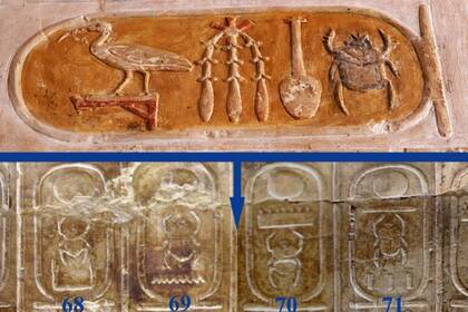 El cartucho de la parte superior de esta imagen tiene el nombre de Hatshepsut y es el que debería estar entre los de Tutmosis II (69) y Tutmosis II (70) 