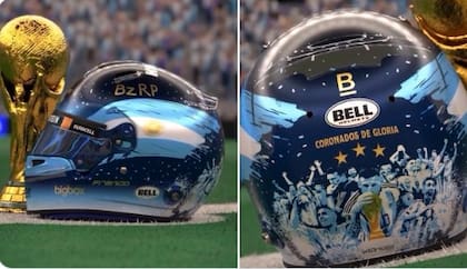 El casco que usará Franco Colapinto en el Gran Premio de Qatar, alusivo al Mundial de fútbol 2022