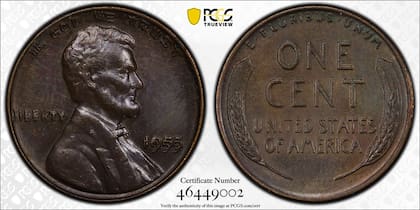El centavo de Lincoln de 1955 es conocido por su “doble troquel”. Esta pieza es muy apreciada por coleccionistas y expertos en numismática debido al peculiar efecto de duplicación que presenta (PCGS)