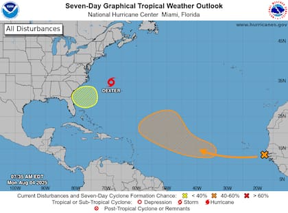 El centro de Dexter se ubica a más de 1500 km al este de Florida, en las coordenadas 34.6°N y 68.3°O, moviéndose hacia el noreste a 19 km/h, sin amenazar directamente zonas costeras