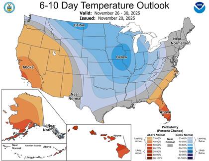El centro de EE.UU. podría experimentar temperaturas más frías de lo normal durante la semana de Acción de Gracias, según el NWS (Facebook/U.S. National Weather Service)