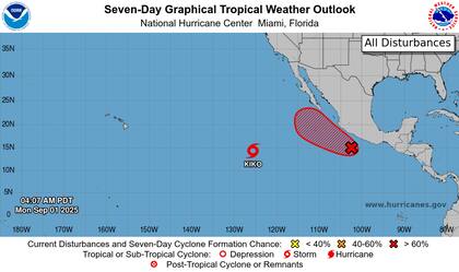 El centro de la tormenta tropical Kiko se localizó en la posición 14.1°N y 125.5°O, desplazándose hacia el oeste a 8 mph (13 km/h)