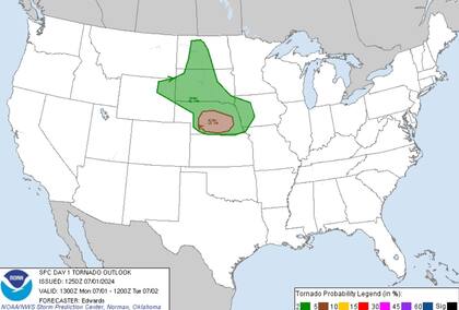 El centro de Nebraska tiene una probabilidad del 5% de aparición de tornados hoy