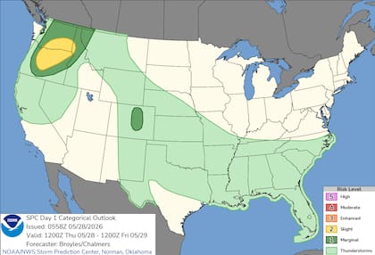 El Centro de Predicción de Tormentas activó un nivel de riesgo dos de cinco para el norte de Oregón y el centro-sur de Washington