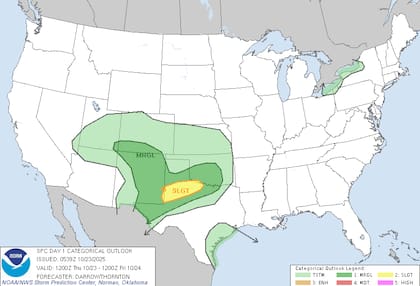 El Centro de Predicción de Tormentas advierte un "riesgo leve" de tormentas severas desde el oeste de Texas hasta Oklahoma, con posibilidad de granizo y tornados aislados