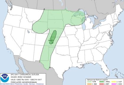 El Centro de Predicción de Tormentas advirtió sobre un riesgo "marginal" de tormentas severas para este jueves en Colorado, Nebraska y Kansas, con posibilidad de granizo de tamaño moderado y ráfagas fuertes