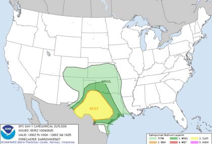 El Centro de Predicción de Tormentas anticipa el desarrollo de tormentas eléctricas intensas sobre el centro y oeste de Texas