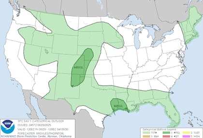 El Centro de Predicción de Tormentas comunicó una amenaza marginal de tormentas severas en Llanuras Altas centrales/meridionales y valle del río Sabine