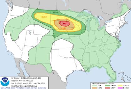 El Centro de Predicción de Tormentas emite alerta de riesgo moderado para Dakota del Sur, Minnesota e Iowa, donde se esperan vientos destructivos de más de 120 km/h, posibles tornados y granizo grande