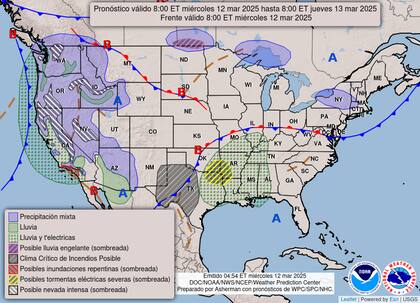 El Centro de Predicción de Tormentas emitió un aviso para el noreste de Texas, donde se esperan granizo de más de cinco centímetros y ráfagas de viento de hasta 90 km/h