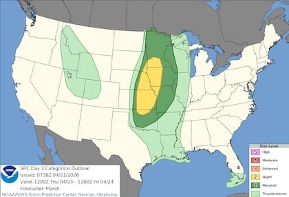 El Centro de Predicción de Tormentas emitió una alerta de nivel 2 sobre 5 para las regiones más afectadas