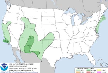 El Centro de Predicción de Tormentas estableció un riesgo "marginal" de tormentas severas para el suroeste de EE. UU., desde la región de los Cuatro Estados hasta el oeste de Texas