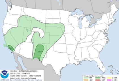 El Centro de Predicción de Tormentas informó que las Montañas Rocosas del sur registrarán tormentas durante la tarde y la noche, con posibilidad de generar ráfagas de viento dañinas y episodios de granizo aislado