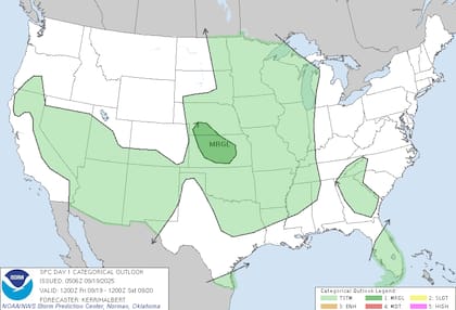 El Centro de Predicción de Tormentas (SPC) pronosticó la formación de tormentas fuertes desde el suroeste de Nebraska hasta Kansas