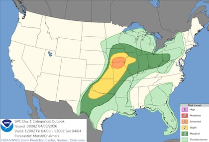 El Centro de Predicción de Tormentas (SPC) activó un Riesgo Mejorado para el norte de Missouri y el sur de Iowa ante el avance de un sistema de baja presión altamente inestable