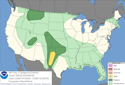 El Centro de Predicción de Tormentas (SPC) activó alertas en el oeste de Texas ante la formación de núcleos tormentosos con alta capacidad de rotación