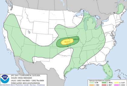 El Centro de Predicción de Tormentas (SPC) advierte sobre tormentas dispersas con potencial de granizo muy grande y ráfagas de viento severas en las planicies centrales y el valle bajo del Mississippi