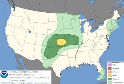 El Centro de Predicción de Tormentas (SPC) advierte que las superceldas en el corredor de la I-35 podrían generar granizo de más de 5 centímetros de diámetro este jueves