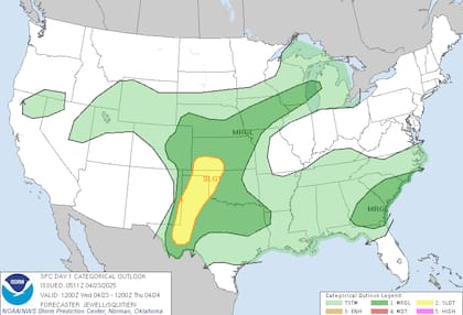 El Centro de Predicción de Tormentas (SPC) advierte sobre rayos frecuentes, vientos de más de 95 km/h y posible granizo en Kansas, Oklahoma y Texas