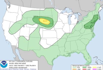 El Centro de Predicción de Tormentas (SPC) alerta por riesgo de tormentas severas en Dakota del Sur y Nebraska, con posibilidad de ráfagas dañinas y granizo aislado