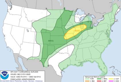 El Centro de Predicción de Tormentas (SPC) alertó sobre vientos destructivos y posibles tornados en una franja que abarca el norte de Illinois, el sur de Wisconsin y el noroeste de Indiana