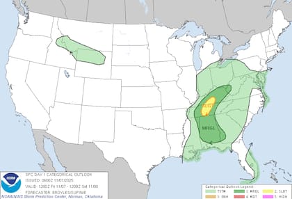 El Centro de Predicción de Tormentas (SPC) anticipa una "ligera amenaza de clima severo" con tormentas entre la tarde y noche del viernes en los valles de Tennessee y Ohio