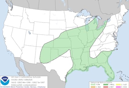 El Centro de Predicción de Tormentas (SPC) anticipa la formación de tormentas eléctricas aisladas de mayor intensidad en el sur de las Altas Llanuras y el Medio Oeste, con ráfagas de viento previstas entre 35 y 46 millas por hora (56-74 km/h) en el este de Nuevo México y el Panhandle de Texas