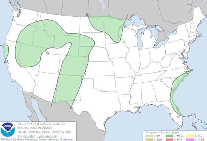 El Centro de Predicción de Tormentas (SPC) descartó alto riesgo de tormentas severas en el sureste pero alertó sobre anegamientos en zonas bajas de Florida, Georgia y Carolinas por las bandas externas de Imelda