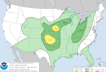 El Centro de Predicción de Tormentas (SPC) destacó la amenaza de tormentas severas desde Kansas hasta el Panhandle de Texas