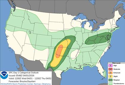 El Centro de Predicción de Tormentas (SPC) elevó a Nivel 3 (Mejorado) la alerta para las Llanuras centrales y del sur