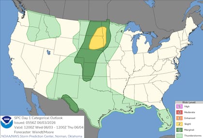 El Centro de Predicción de Tormentas (SPC) emitió una alerta por tiempo severo en el este de Dakota del Norte, Dakota del Sur y el oeste de Minnesota