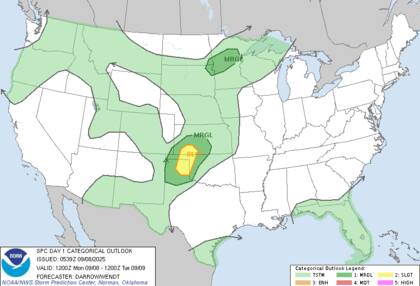 El Centro de Predicción de Tormentas (SPC) emitió nivel dos de cinco de riesgo por tormentas severas en las Llanuras Centrales y del Sur, especialmente Kansas, Oklahoma y Panhandle de Texas