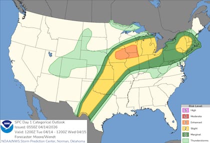 El Centro de Predicción de Tormentas (SPC) ha elevado el riesgo en el este de Iowa, el norte de Illinois y el sur de Wisconsin ante la formación de tormentas con alto potencial destructivo