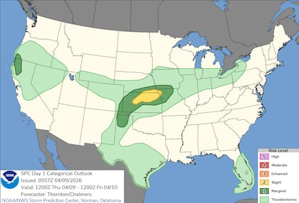 El Centro de Predicción de Tormentas (SPC) ha establecido un riesgo leve para el noreste de Kansas y el sureste de Nebraska