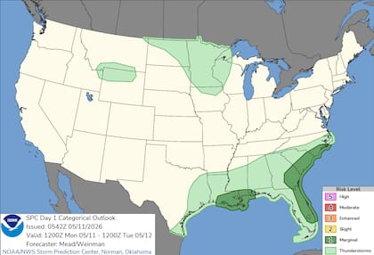 El Centro de Predicción de Tormentas (SPC) ha activado el nivel 1 de 5 para las Carolinas y Florida, donde se esperan ráfagas de viento capaces de causar daños localizados