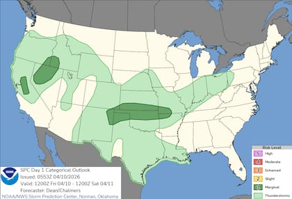 El Centro de Predicción de Tormentas (SPC) ha emitido una alerta por tormentas eléctricas que podrían intensificarse durante la noche del viernes