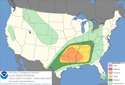 El Centro de Predicción de Tormentas (SPC) ha situado a la región de Ark-La-Tex en el epicentro de la actividad severa para este martes, con Dallas y Shreveport bajo vigilancia máxima