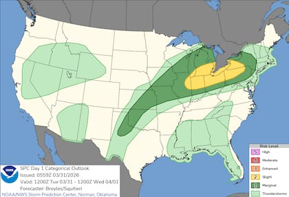 El Centro de Predicción de Tormentas (SPC) ha activado el nivel dos de cinco para una amplia franja que abarca desde el Medio Oeste hasta los Apalaches