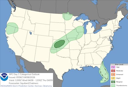 El Centro de Predicción de Tormentas (SPC) ha emitido un aviso por riesgo marginal de tormentas eléctricas intensas en el centro y oeste de Kansas