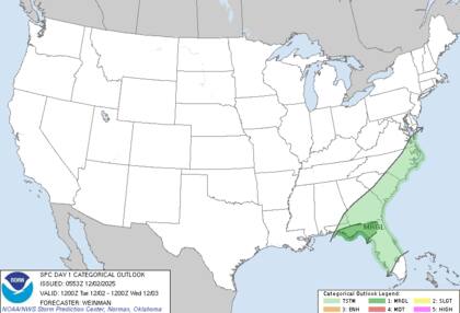 El Centro de Predicción de Tormentas (SPC) informó de un riesgo marginal de tormentas severas en sectores del Panhandle de Florida durante la mañana