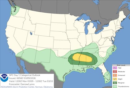 El Centro de Predicción de Tormentas (SPC) vigila una onda corta en niveles altos que, al interactuar con el flujo de humedad del Golfo de México, generará tormentas eléctricas organizadas y posibles complejos convectivos en Arkansas y los estados del Golfo