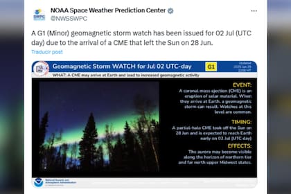 El Centro de Predicción del Clima Espacial de la NOAA emitió un aviso sobre el fenómeno