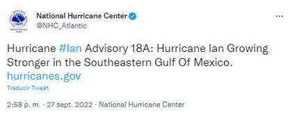 El Centro Nacional de Huracanes actualizó la evolución del huracán Ian en el Golfo de México